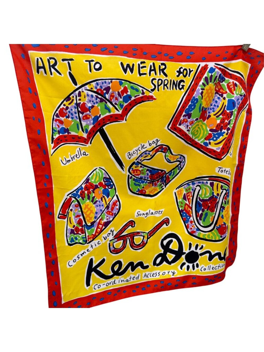 KEN DONE Vintage Scarf Colorful Whimsical Fashion Print 24" Square  Japan 80s